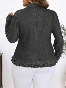 SHEIN Plus Size Women's Solid Color Washed Denim Jacket, Autumn/Winter - Grey - View 2