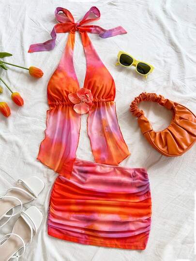 SHEIN x Eduarda Gutierrez Soleia Set de 2 piezas con top de cuello de halter con decoración floral teñida anudada y falda plisada para mujer