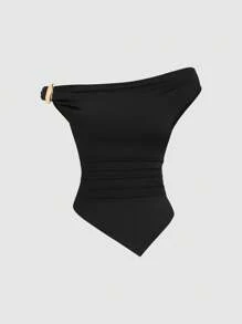 Sweetra 女式夏季欧式纯色三件套，金属装饰扭纹下摆不对称下摆修身休闲日常通勤百搭 T 恤 - 彩色 - 查看 5