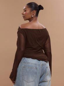 MUSERA Blusa de manga larga con hombros descubiertos, bajo asimétrico, ajustada con costados fruncidos y mangas acampanadas. Elegante, clásica, ideal para vacaciones, días festivos, romántica, de club, sexy, primavera y verano, Pascua - Marrón Chocolate - Ver 3