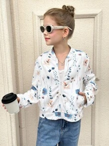 SHEIN Tween 女童休闲花卉印花针织拉链棒球夹克，秋冬时尚外套