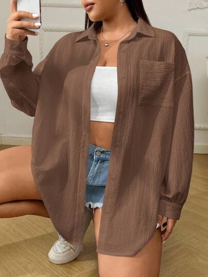 SHEIN EZwear Büyük Beden Kadınlar İçin Günlük Düz Renk Basit Düğmeli Kahverengi Gömlek