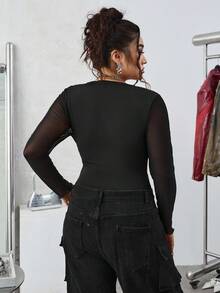 SHEIN EZwear 大码纯色简约长袖紧身衣，日常穿着 - 黑色 - 查看 2