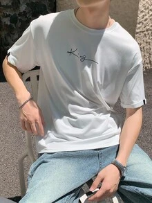 Mirajuku Teen Boy Letter Print Round Neck T-Shirt, Suitable For Casual And Commute - White - View 1