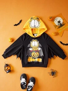 GARFIELD | SHEIN Young Boys' Cool Halloween Cartoon Pattern Contrast Color Embroidered Hooded Bat Shaped Cape Sweatshirt, Autumn/Winter Fall - Black - View 2