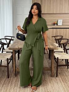 Weeklong Bộ đồ 2 món áo sơ mi tay ngắn và quần dài màu trơn dành cho nữ cỡ lớn - xanh quân đội - Xem 4