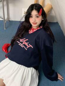 Dazy Plus 大尺碼女款休閒字母印花拼色格紋鬆款長袖衛衣，秋季校園風 - 藏蓝色 - 查看 7