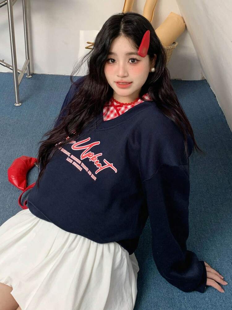 Dazy Plus Plus Size Women Casual Sweatshirt With Letter Print, Color Block Plaid Pattern, Loose Fit Long Sleeve, Autumn