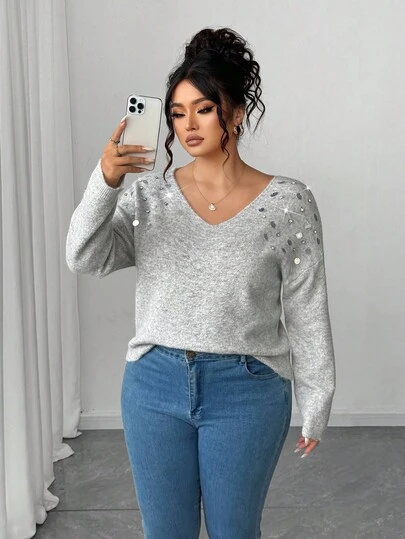 Elenzga Suéter elegante con aplicaciones de cuentas, ajustado para tallas grandes