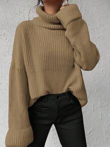 EURMUSE Solid Color Turtleneck Batwing Sleeve Sweater - Camel - View 3