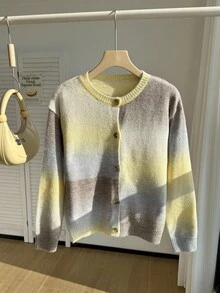 Minimalist Fashion Gradient Yarn Crew Neck Long Sleeve Knit Cardigan - Yellow - View 1