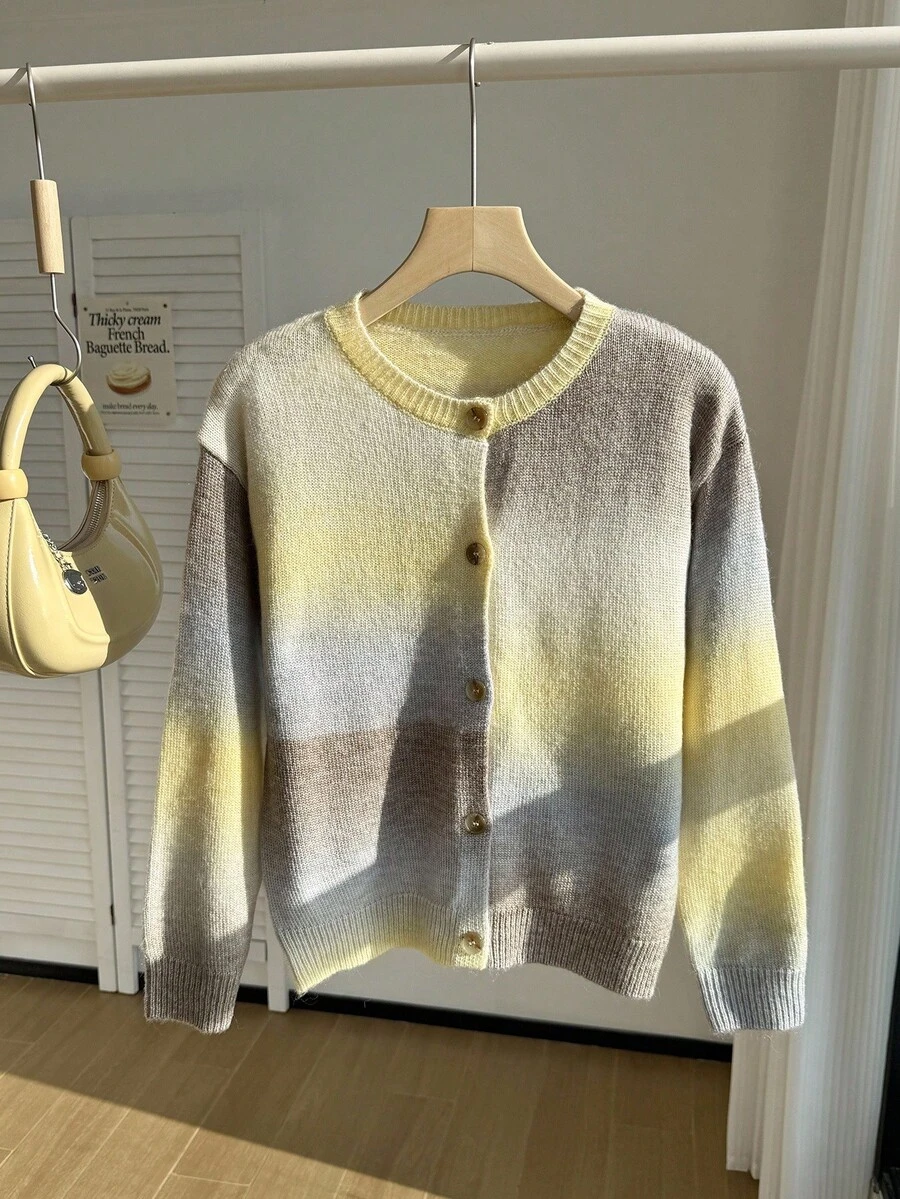 Minimalist Fashion Gradient Yarn Crew Neck Long Sleeve Knit Cardigan - Yellow - View 1