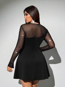 Viva Relle 加大码纯色网眼拼布修身长袖性感优雅连衣裙 - 黑色 - 查看 5