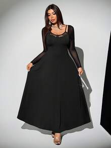 Viva Relle Plus Size Women Lace Contrast Mesh Raglan Sleeve Sexy Dress Fall Cloth For Women - Black - View 2