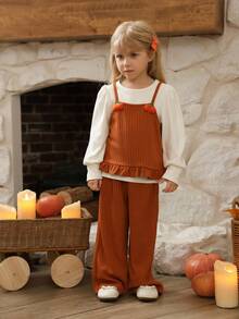 SHEIN 3pcs/Set Girls Casual Cute Versatile Long Sleeve Top, 3D Pumpkin Decor Vest, And Pants Set, Suitable For Autumn/Winter, Daily Wear - Multicolor - View 9