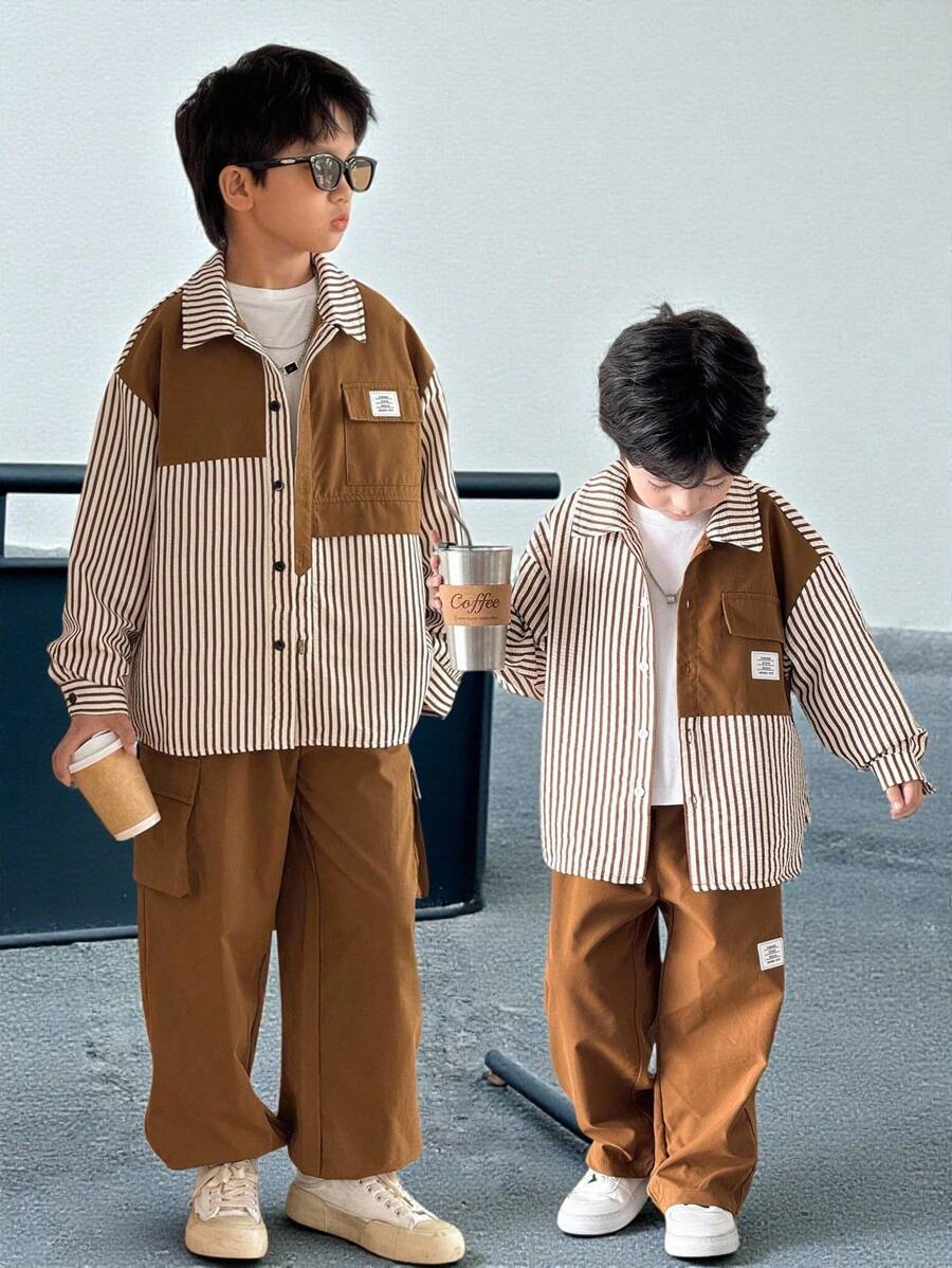 SHEIN 1 件儿童/青少年男童休闲条纹领长袖宽松开襟衬衫和纯色直筒裤 2 件套，适合学校、花园、海滩、生日、春夏秋冬
