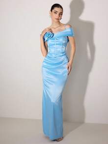 Poshira 女士不对称领口荷叶边优雅鸡尾酒会礼服，带有 3D 花卉装饰 - 淺藍色 - 查看 4
