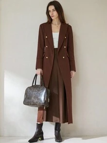 Aveloria Modichic 粗羊毛纯色缺口领金属纽扣装饰通勤优雅长款夹克 - 棕色 - 查看 5