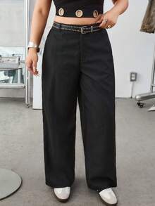 SHEIN EZwear 秋冬大码纯色斜口袋休闲基本款西装裤 - 黑色 - 查看 3