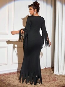 Elenzga Đầm đuôi cá lệch vai cổ chữ V tay dài màu trơn cỡ lớn dành cho nữ, phong cách Gothic cho lễ Halloween - màu đen - Xem 2