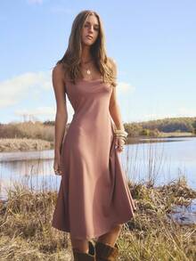 Aralina Robe mi-longue décontractée pour femmes, dos nu, col ras-du-cou, couleur unie, été