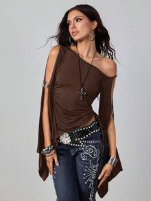 ROMWE Hippie 复古不对称肩部收腰喇叭袖休闲蝙蝠翼女式 T 恤 - 棕色 - 查看 5