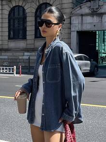 DAZY Light Wash Denim Shirt With Collar, Pockets, Loose Fit Long Sleeve, Spring/Summer/Autumn
