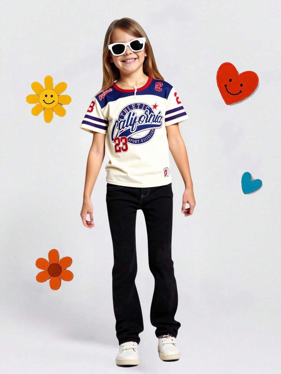 SHEIN Kaos Lengan Pendek Leher Bulat Motif Garis-garis Blok Warna Gaya Olahraga Kasual untuk Anak Perempuan Remaja, Cocok untuk Musim Panas yang Enerjik - MultiWarna - View 1