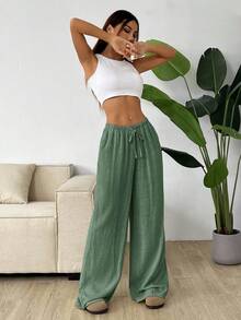 SHEIN EZwear Quần ống rộng lưng cao màu trơn đơn giản dành cho nữ cỡ lớn, mùa xuân/thu - Màu xanh Ô liu - Xem 4