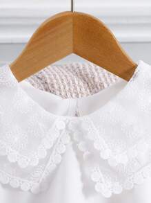 Genkimix Kids Girls' White Solid Floral Lace Mesh Patchwork Layered Collar Cuff Elastic Ruffle Hem Blouse,Outings - White - View 4