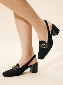 CUCCOO BASICS 女士时尚黑色针织金属扣后带粗跟方头露跟浅口鞋，适合通勤、约会、派对、度假 - 黑色 - 查看 1