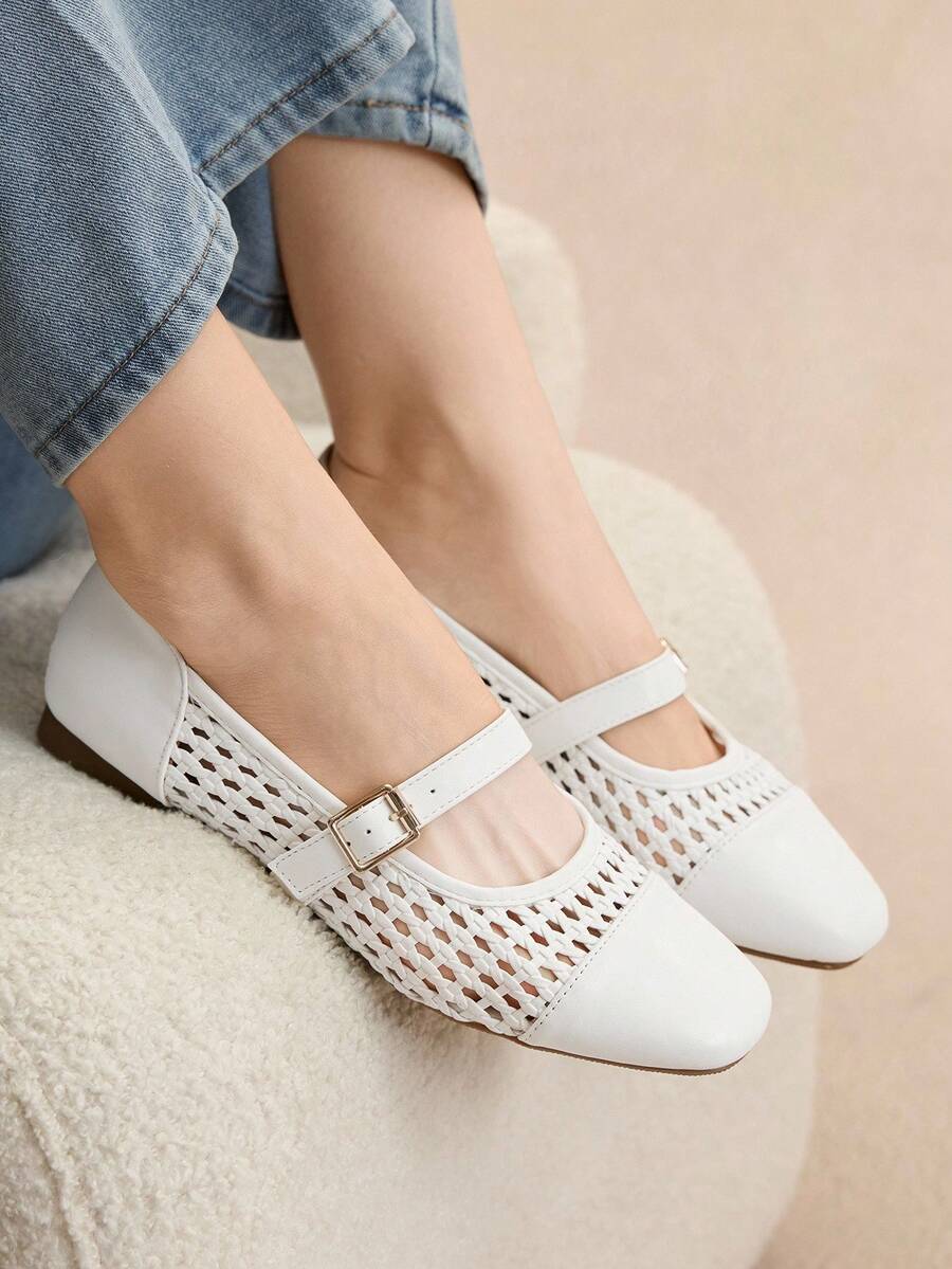 Rosivie 女士 PU 编织透气网眼平底鞋，纯色，方头，踝带，舒适休闲鞋，适合所有季节的可爱鞋子