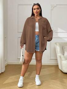 SHEIN EZwear Kemeja Wanita Ukuran Besar Kasual Warna Polos Kancing Sederhana Cokelat, Pakaian Musim Gugur untuk Wanita - Coklat - View 4