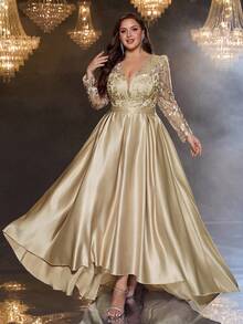 Glamrae Plus Size Elegant Champagne Deep V-Neck Long Sleeve Luxury Beaded Satin Asymmetric Maxi Dress,Winter Formal Party Wedding Gala Evening Dress - Apricot - View 6