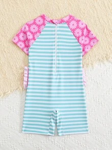 Young Girl Flamingo & Flower Print Ruched Trim Striped Sleeveless Romper Swimsuit, Suitable For Beach, Swimming And Holiday Wear - Multicolor - View 2