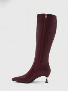 CUCCOO BIZCHIC 女士时尚尖头勃艮第酒红色简约优雅百搭侧拉链细高跟及膝靴 - 酒紅色 - 查看 9