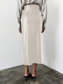 EURMUSE High Waist Split Thigh PU Skirt - Beige - View 2