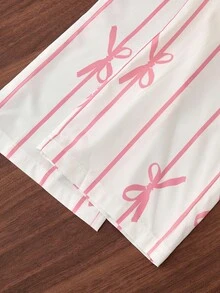 Young Girl Cute Ruffle Hem Asymmetrical Hem & Bow Print Casual Pants Set Pink Bow Pants