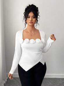 SHEIN Elenzya قميص نسائي أنيق بطبعة وردة كبير الحجم - أبيض - مشاهدة 3