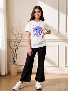 Tween Girl Lovely Bunny Print Short Sleeve White T-Shirt & Black Knit Skinny Bellbottom Pants 2pcs Cute Set Bunny Print Outfit Summer Outfit Girls - White - View 8