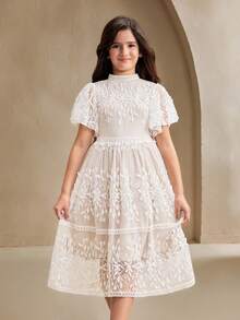 SHEIN Elegante vestido de princesa de encaje para la fiesta de cumpleaños de una niña preadolescente - Albaricoque - Ver 5