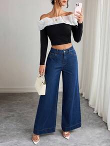 Elenzga Women's Loose Straight Leg Casual Denim Wide Leg Pants, Versatile For Summer - Dark Wash - View 4