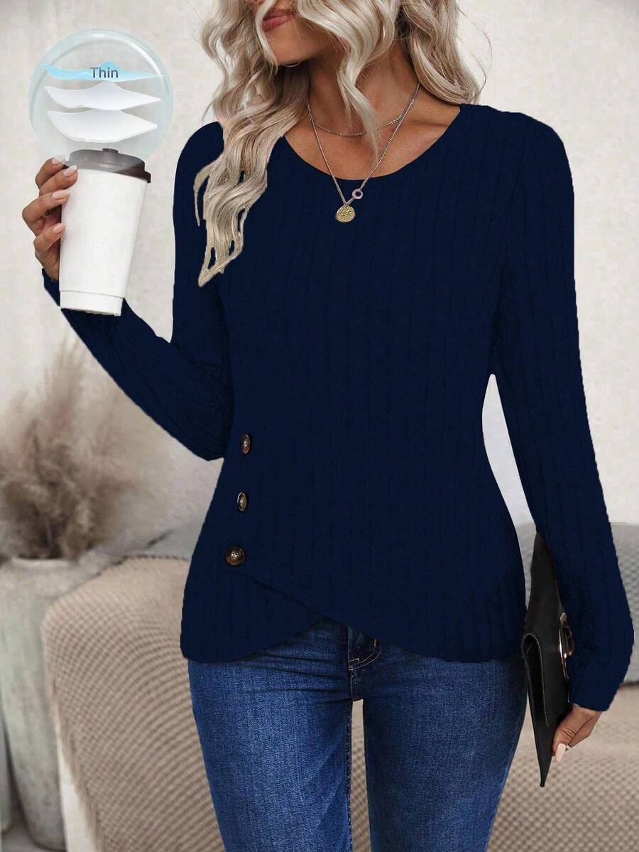 EMERY ROSE Women's Casual Daily Simple Solid Color Button Decor Long Sleeve Wrap Hem Fitted T-Shirt, Spring/Autumn - Navy Blue - View 1