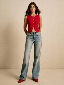 Poéselle Women's Crew Neck Solid Color Sleeveless Short Cardigan Knit Vest In Fall/Winter - Red - View 3