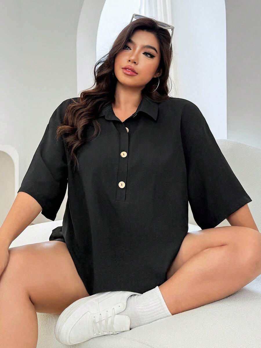 SHEIN EZwear Conjunto de 2 piezas de camisa de manga corta y pantalones cortos de unicolor casual de talla grande para verano - Negro - Ver 1