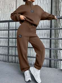 SHEIN Cottnline Cotton Letter Patched Drop Shoulder Half Zip Sweatshirt & Sweatpants - Brown - View 3