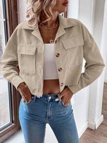 EMERY ROSE Flap Pocket Drop Shoulder Crop Corduroy Jacket Fall Winter Cloth For Women - Beige - View 3