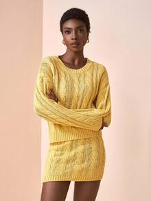 Zivah Winter New Styles, Christmas, New Year, Wedding Season, Valentine's Day, Birthday Parties, Graduation Season, Daily Outings, Basic, Versatile, Casual Vacation, Cruise Travel, Casual Elegance, Commuting, Street European Style, Simple Style, Women's Holiday Outfits, Round-Neck Long-Sleeved Loose Sweater + Mini Skirt, Cut-Out See-Through Woolen Suit, Women's Sweater Two-Piece Set - Yellow - View 3