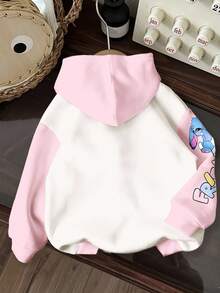 Cute Cartoon Blue Rabbit Lulu & Stitch Pattern, Pink Patchwork, Tween Girl Casual Loose Fit Crew Neck Comfortable Long Sleeve Sweatshirt, Suitable For Autumn/Winter, Outdoor Picnic, Street Style, Home Wear, Bohemian Fall - Multicolor - View 2