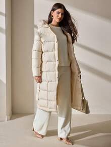 CLARA VERO Women's Beige Belted Padded Coat With Faux Fur Hood, Long Sleeve Quilted Winter Jacket - Beige - View 3